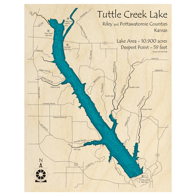 Bathymetric topo map of Tuttle Creek Lake, KS with roads, towns and depths noted in blue water.