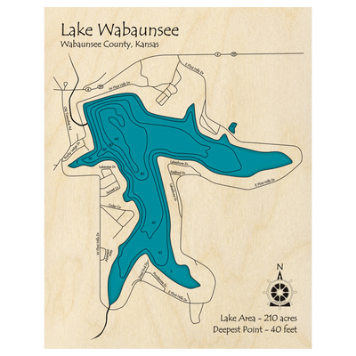 Bathymetric topo map of Lake Wabaunsee, KS with roads, towns and depths noted in blue water.