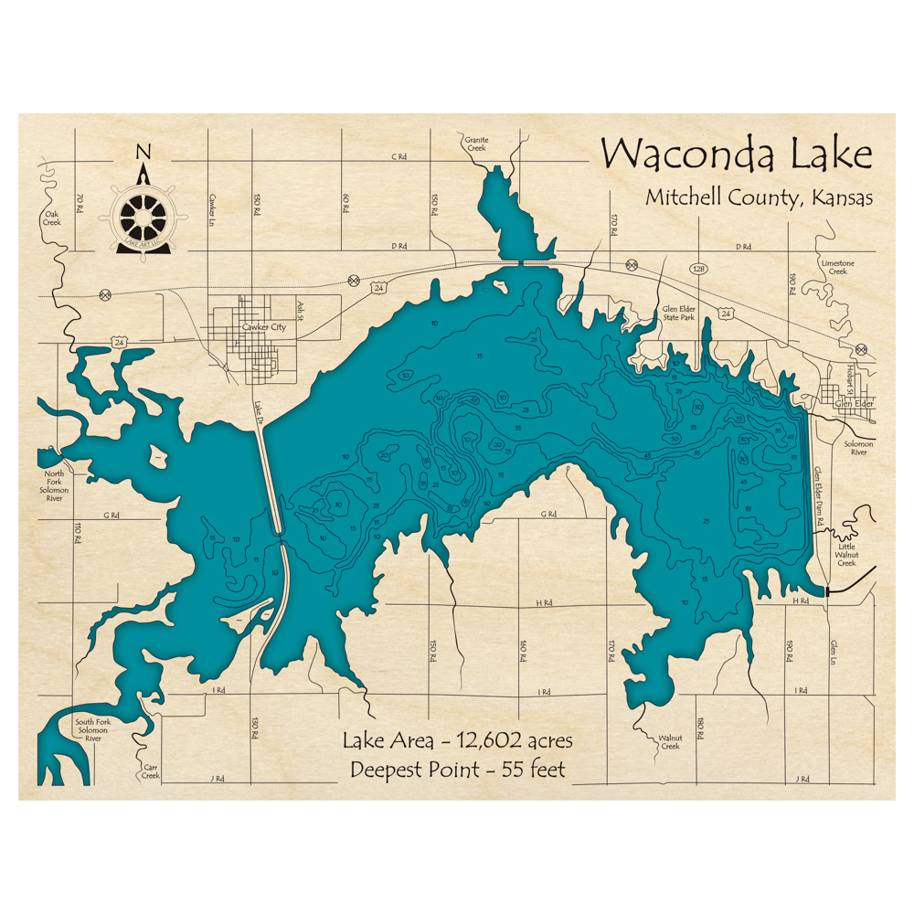 Bathymetric topo map of Waconda Lake, KS with roads, towns and depths noted in blue water.