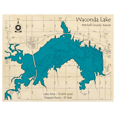 Bathymetric topo map of Waconda Lake, KS with roads, towns and depths noted in blue water.