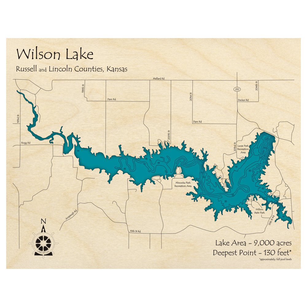 Bathymetric topo map of Wilson Lake, KS with roads, towns and depths noted in blue water.