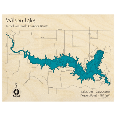Bathymetric topo map of Wilson Lake, KS with roads, towns and depths noted in blue water.