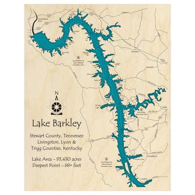 Bathymetric topo map of Lake Barkley (KY, TN) with roads, towns and depths noted in blue water.