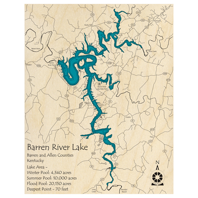 Bathymetric topo map of Barren River Lake, KY with roads, towns and depths noted in blue water.