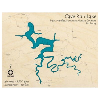 Bathymetric topo map of Cave Run Lake, KY with roads, towns and depths noted in blue water.