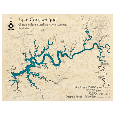 Bathymetric topo map of Lake Cumberland, KY with roads, towns and depths noted in blue water.