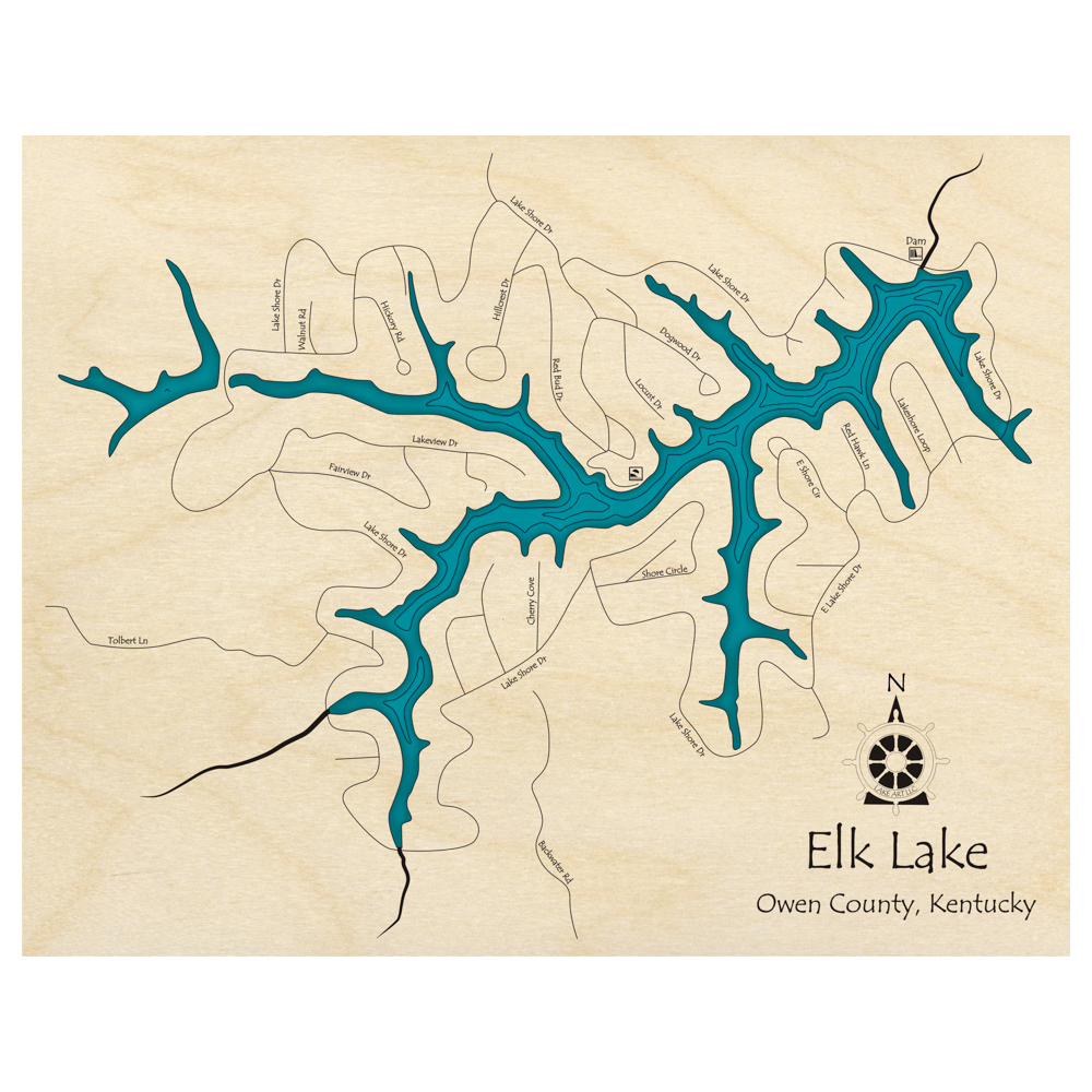 Bathymetric topo map of Elk Lake, KY with roads, towns and depths noted in blue water.