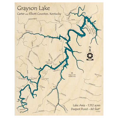 Bathymetric topo map of Grayson Lake, KY with roads, towns and depths noted in blue water.