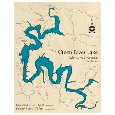 Bathymetric topo map of Green River Lake, KY with roads, towns and depths noted in blue water.