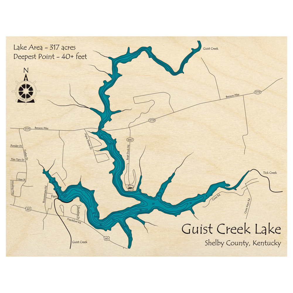 Bathymetric topo map of Guist Creek Lake, KY with roads, towns and depths noted in blue water.