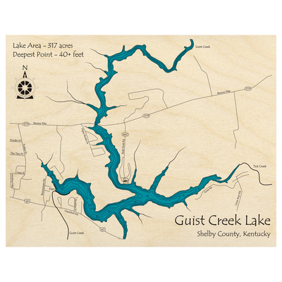 Bathymetric topo map of Guist Creek Lake, KY with roads, towns and depths noted in blue water.
