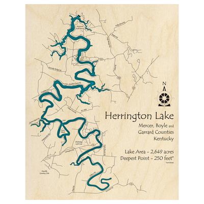 Bathymetric topo map of Herrington Lake, KY with roads, towns and depths noted in blue water.