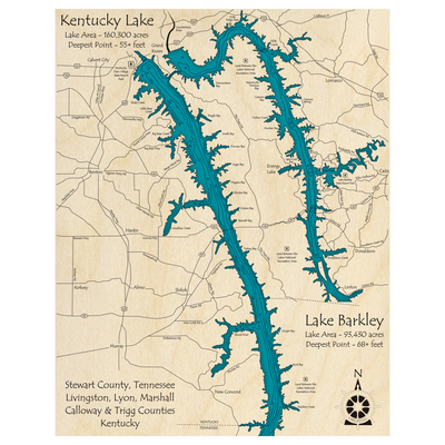 Bathymetric topo map of Kentucky Lake and Lake Barkley (KY, TN) with roads, towns and depths noted in blue water.