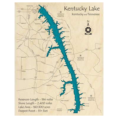 Bathymetric topo map of Kentucky Lake, KY with roads, towns and depths noted in blue water.