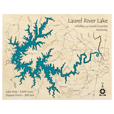Bathymetric topo map of Laurel River Lake, KY with roads, towns and depths noted in blue water.