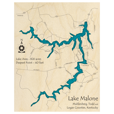 Bathymetric topo map of Lake Malone, KY with roads, towns and depths noted in blue water.