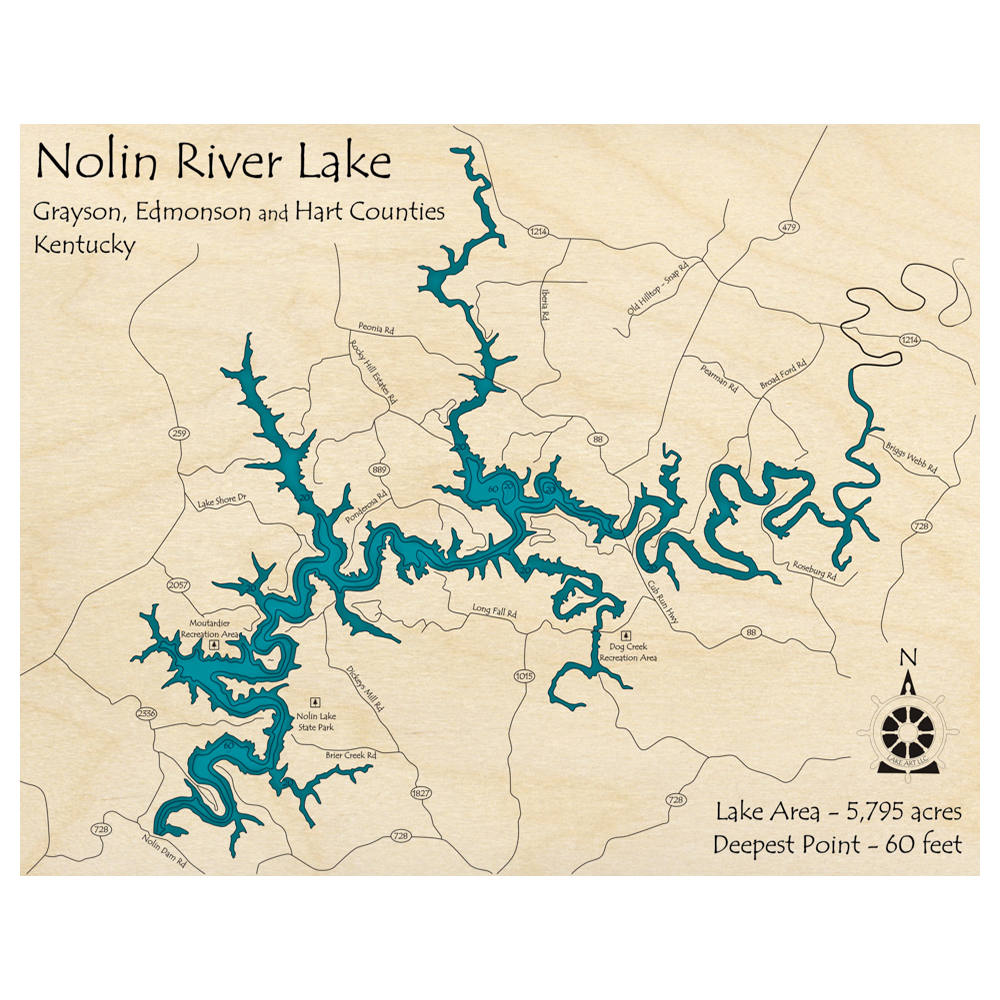 Bathymetric topo map of Nolin River Lake, KY with roads, towns and depths noted in blue water.