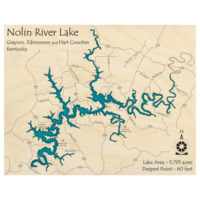 Bathymetric topo map of Nolin River Lake, KY with roads, towns and depths noted in blue water.