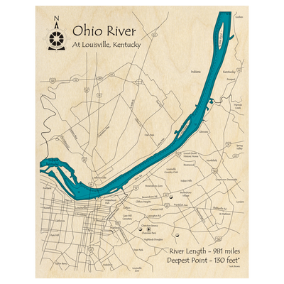 Bathymetric topo map of Ohio River (KY, IN) with roads, towns and depths noted in blue water.