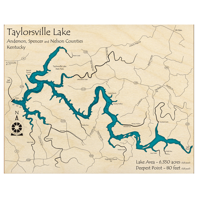 Bathymetric topo map of Taylorsville Lake, KY with roads, towns and depths noted in blue water.