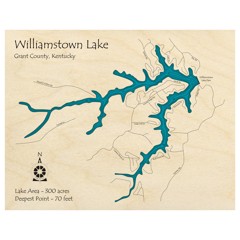 Bathymetric topo map of Williamstown Lake, KY with roads, towns and depths noted in blue water.
