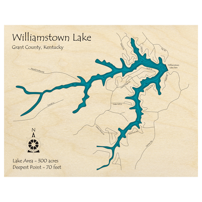 Bathymetric topo map of Williamstown Lake, KY with roads, towns and depths noted in blue water.