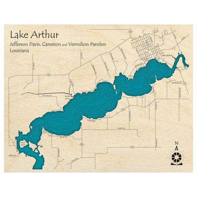 Bathymetric topo map of Lake Arthur, LA with roads, towns and depths noted in blue water.