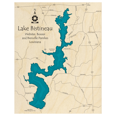 Bathymetric topo map of Lake Bistineau, LA with roads, towns and depths noted in blue water.