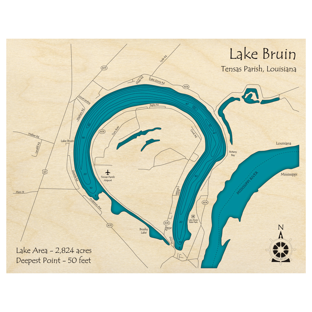 Bathymetric topo map of Lake Bruin, LA with roads, towns and depths noted in blue water.