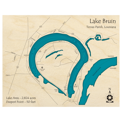 Bathymetric topo map of Lake Bruin, LA with roads, towns and depths noted in blue water.