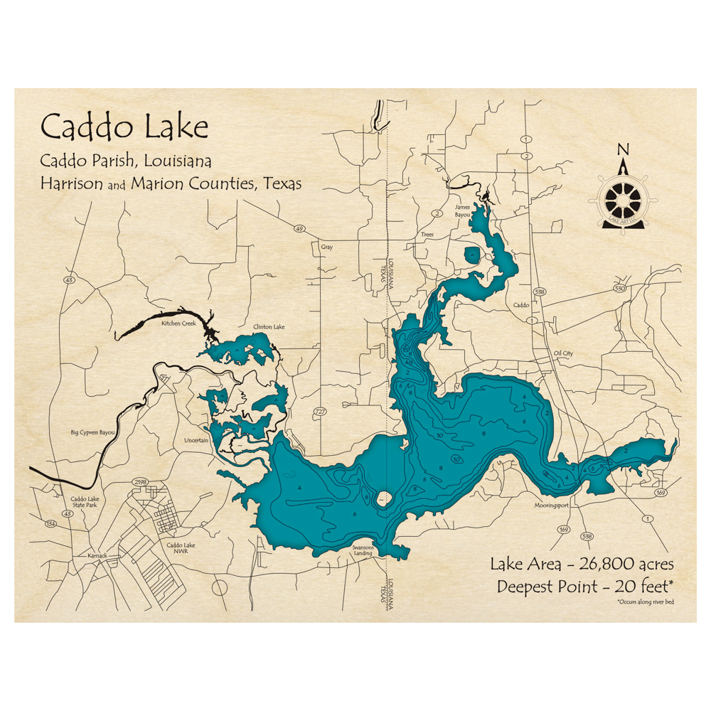 Bathymetric topo map of Caddo Lake (LA, TX) with roads, towns and depths noted in blue water.