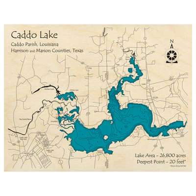 Bathymetric topo map of Caddo Lake (LA, TX) with roads, towns and depths noted in blue water.