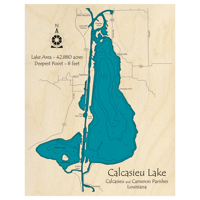 Bathymetric topo map of Calcasieu Lake, LA with roads, towns and depths noted in blue water.