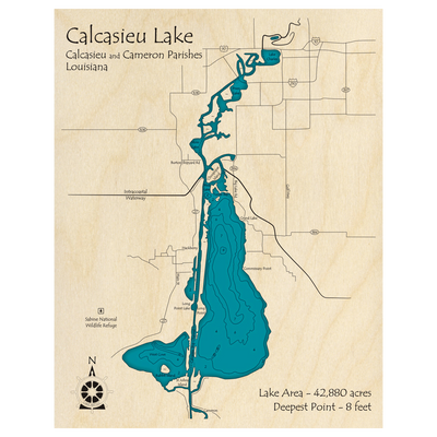 Bathymetric topo map of Calcasieu Lake, LA with roads, towns and depths noted in blue water.