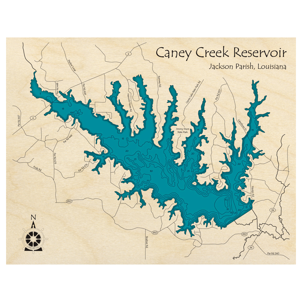 Bathymetric topo map of Caney Creek Reservoir, LA with roads, towns and depths noted in blue water.