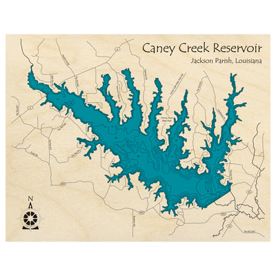 Bathymetric topo map of Caney Creek Reservoir, LA with roads, towns and depths noted in blue water.
