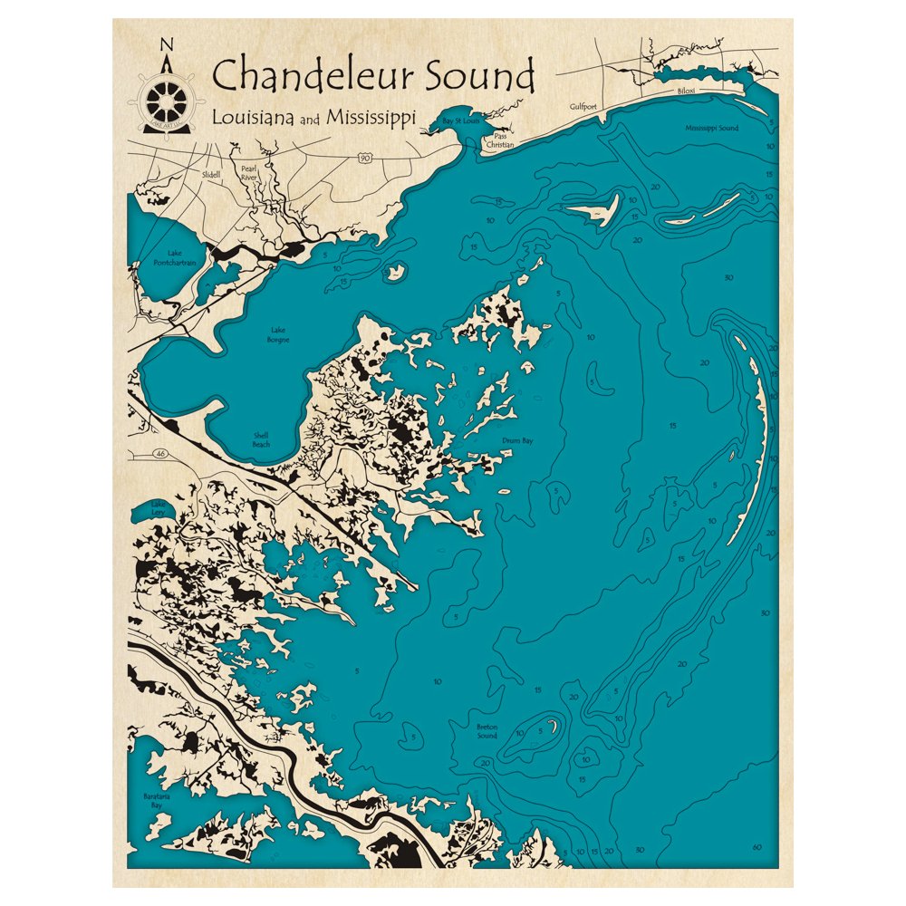 Bathymetric topo map of Chandeleur Sound, LA with roads, towns and depths noted in blue water.