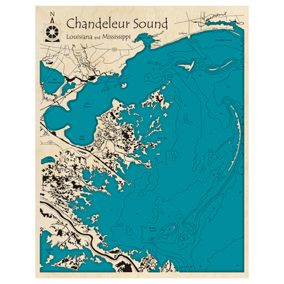 Bathymetric topo map of Chandeleur Sound, LA with roads, towns and depths noted in blue water.