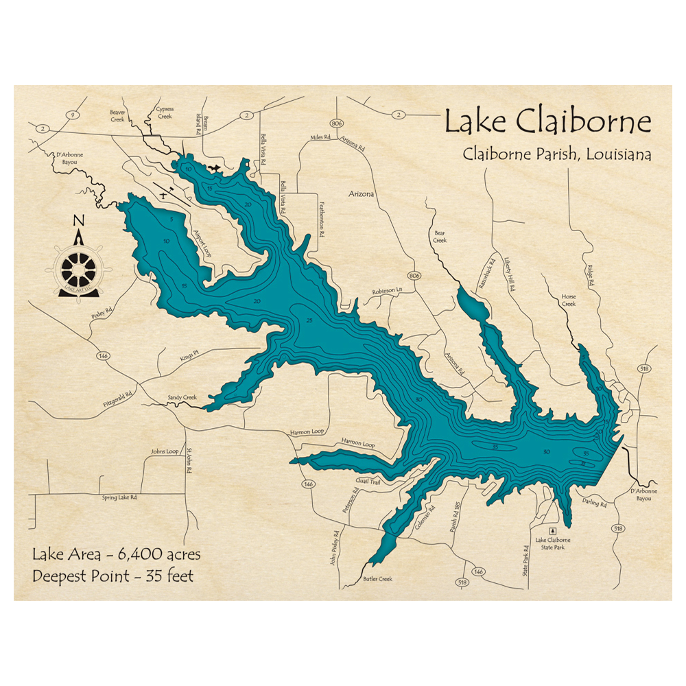 Bathymetric topo map of Lake Claiborne, LA with roads, towns and depths noted in blue water.