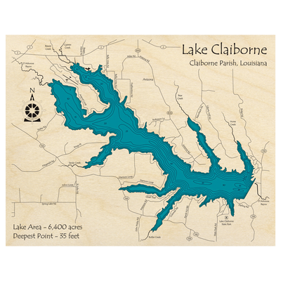 Bathymetric topo map of Lake Claiborne, LA with roads, towns and depths noted in blue water.