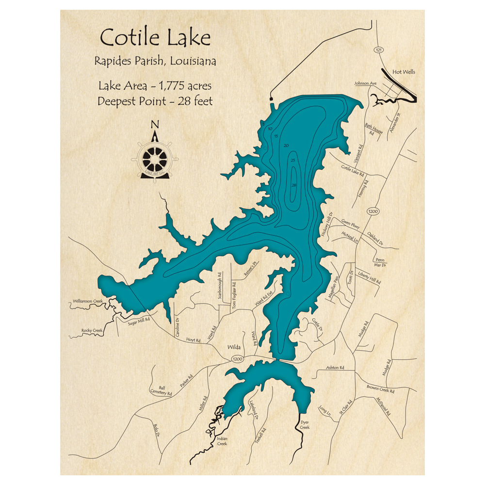 Bathymetric topo map of Cotile Lake, LA with roads, towns and depths noted in blue water.