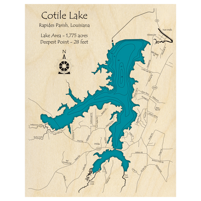Bathymetric topo map of Cotile Lake, LA with roads, towns and depths noted in blue water.