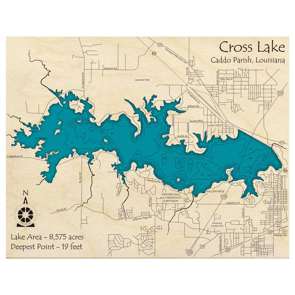Bathymetric topo map of Cross Lake, LA with roads, towns and depths noted in blue water.