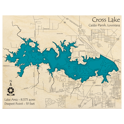 Bathymetric topo map of Cross Lake, LA with roads, towns and depths noted in blue water.