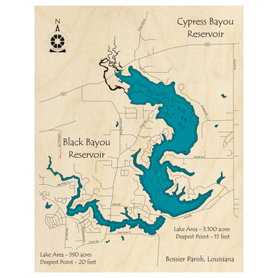 Bathymetric topo map of Cypress Bayou and Black Bayou Reservoirs, LA with roads, towns and depths noted in blue water.