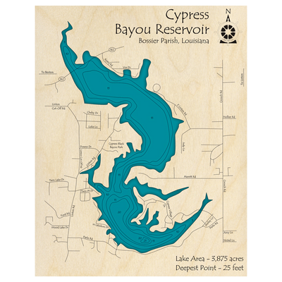 Bathymetric topo map of Cypress Bayou Reservoir, LA with roads, towns and depths noted in blue water.