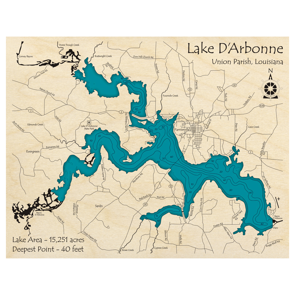Bathymetric topo map of Lake Darbonne, LA with roads, towns and depths noted in blue water.