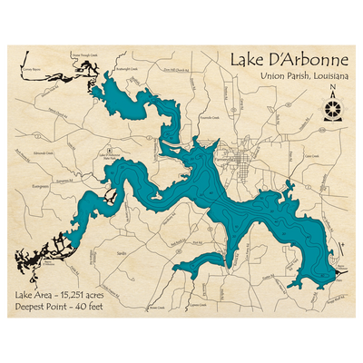 Bathymetric topo map of Lake Darbonne, LA with roads, towns and depths noted in blue water.