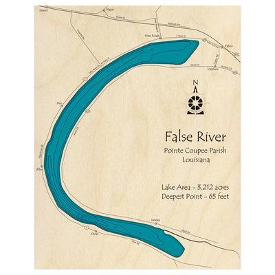 Bathymetric topo map of False River, LA with roads, towns and depths noted in blue water.