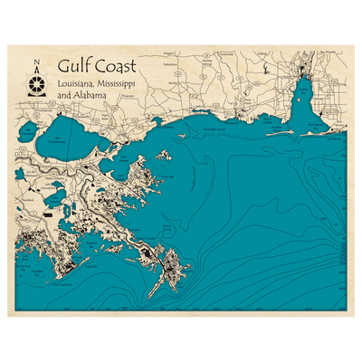 Bathymetric topo map of Gulf Coast, LA with roads, towns and depths noted in blue water.
